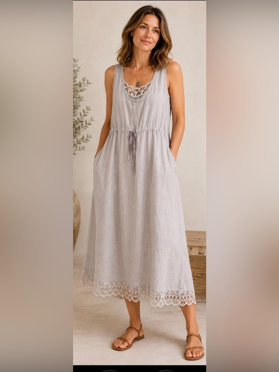 Eileen Fisher Other - Eileen Fisher Organic Linen Lace Trim Drawstring Midi Dress XL Gray